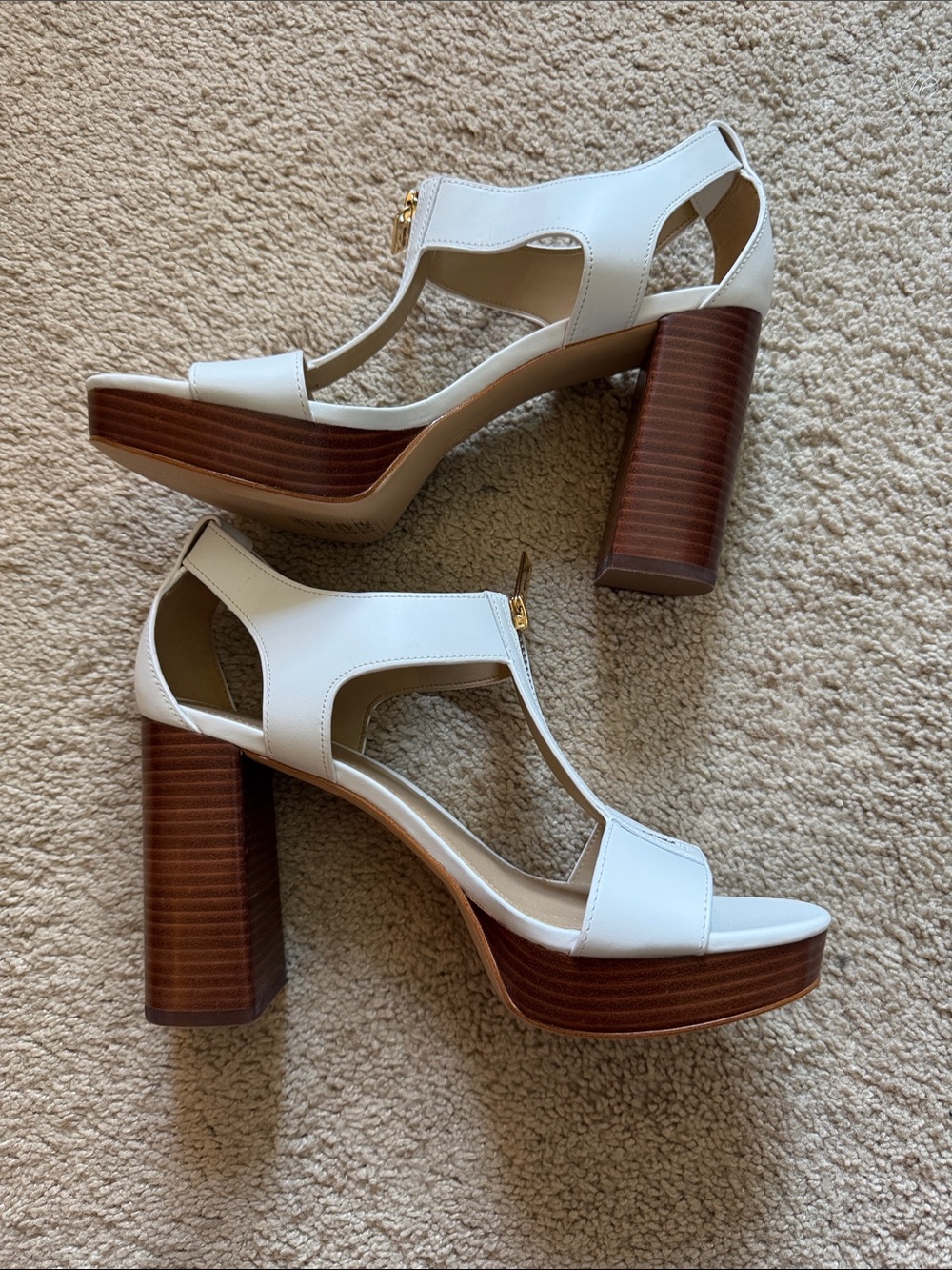 Michael Kors White Platform T-Strap Block Heel Sandals - Picture 2 of 5